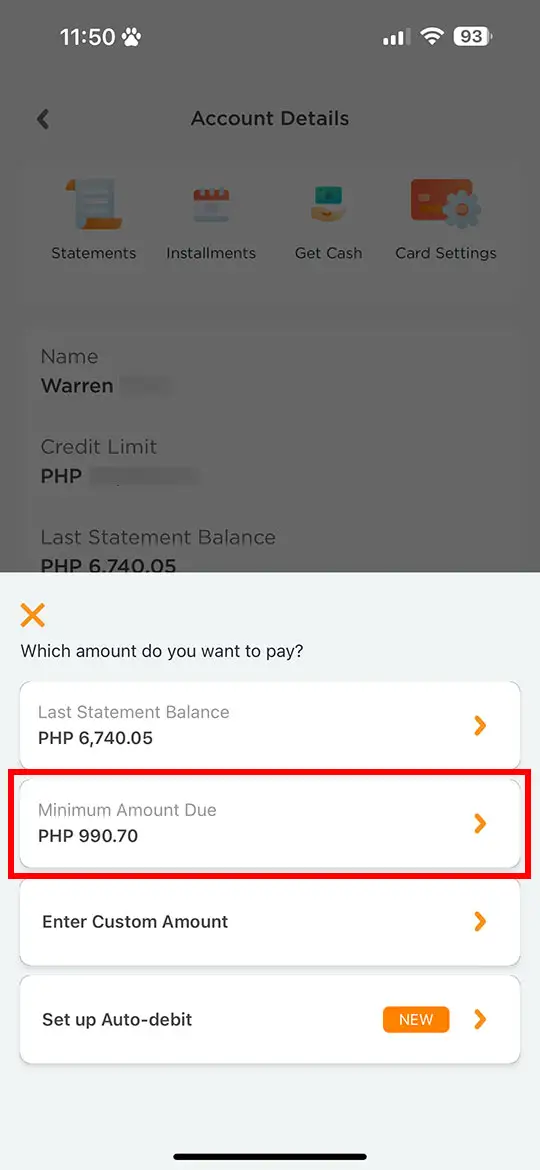 Select which amount you want to pay
