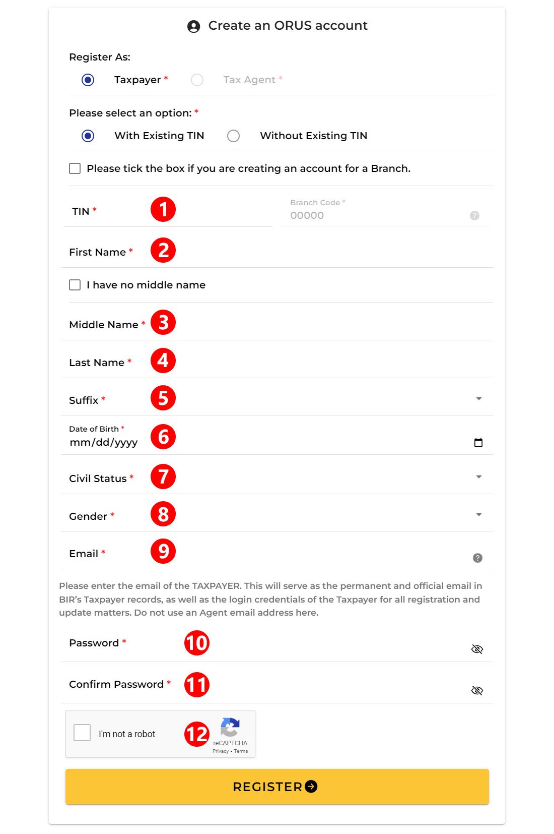 Fill out ORUS registration details