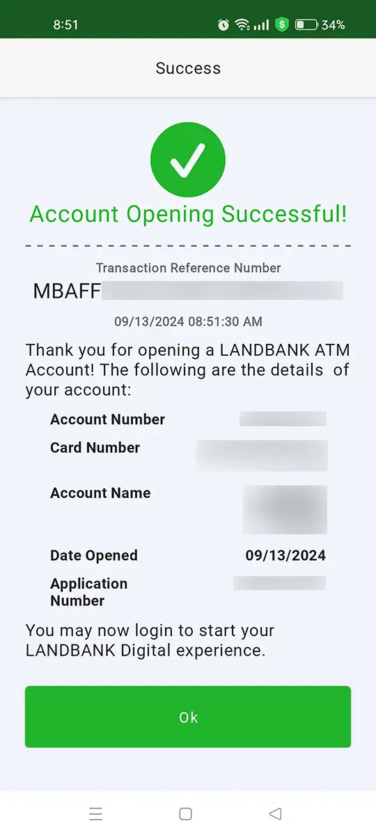 Landbank account opening successful