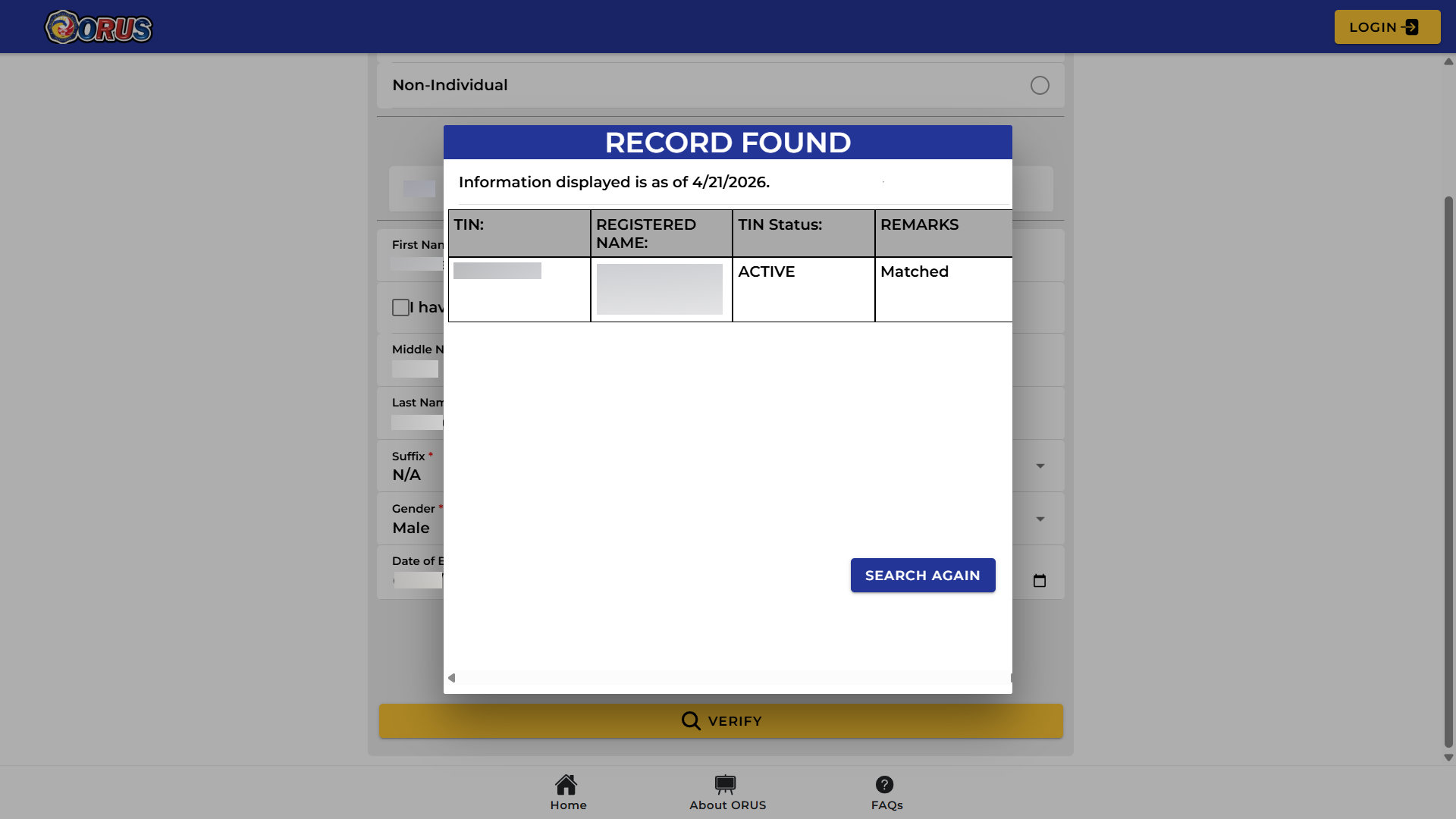 BIR ORUS TIN verification