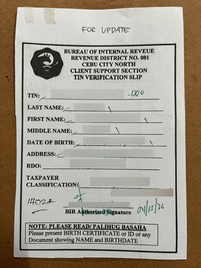 TIN verification slip