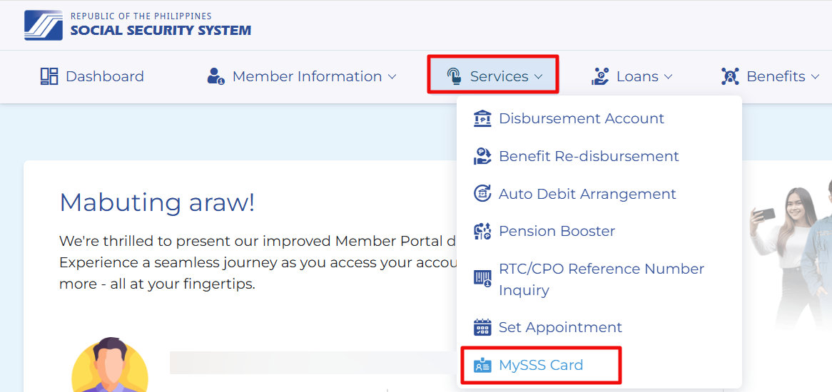 MySSS card application menu
