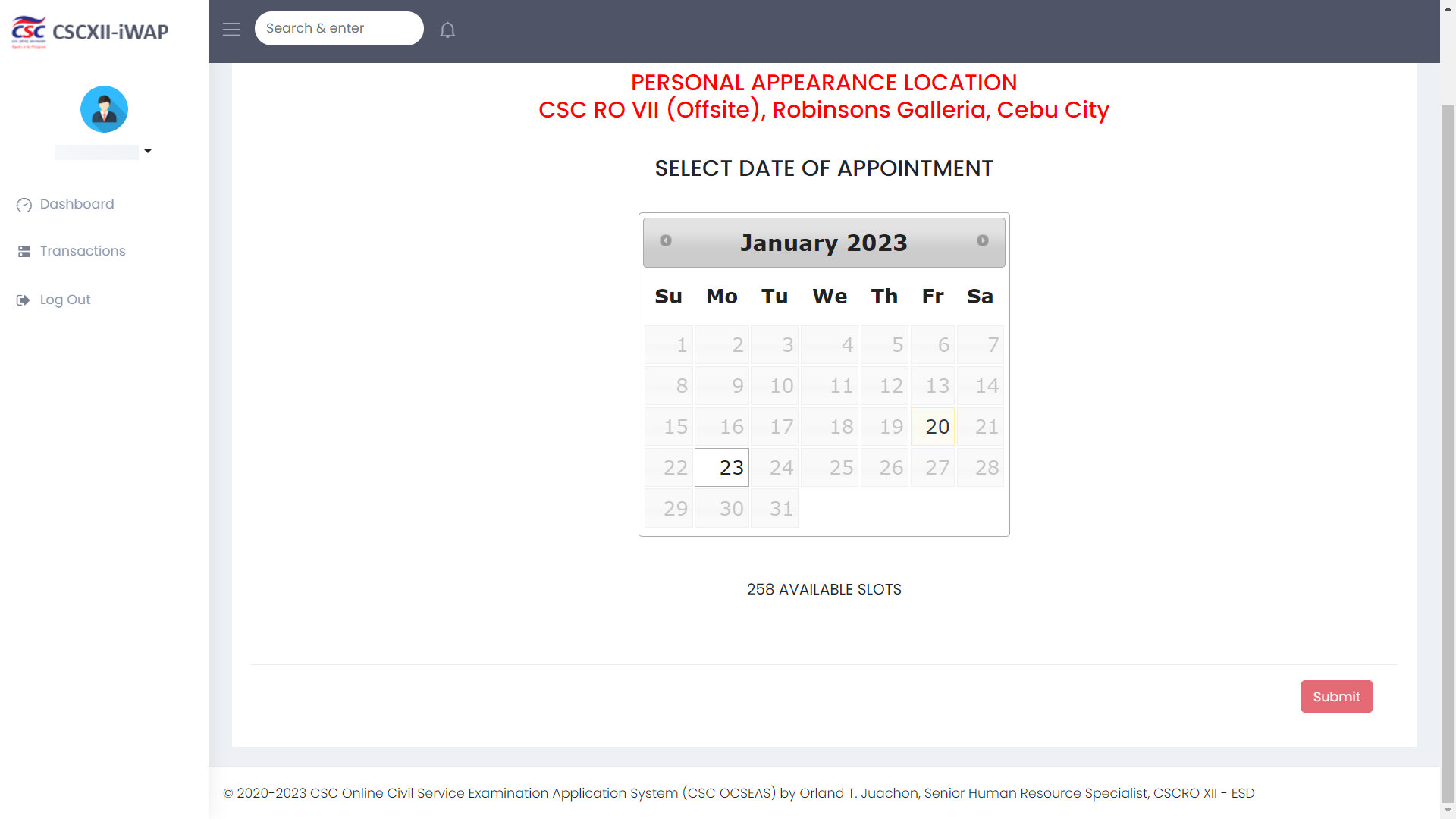 Select date of appointment