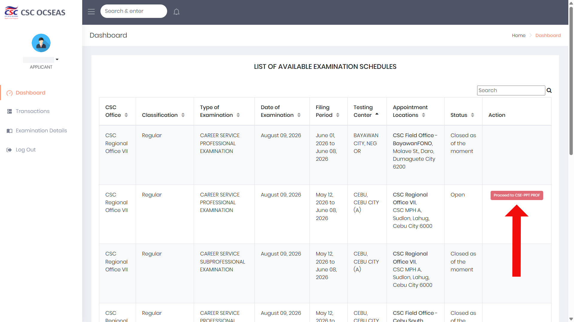 List of available examination schedules