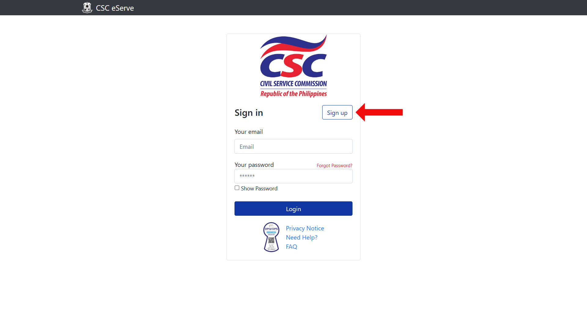 CSC eServe sign up and login