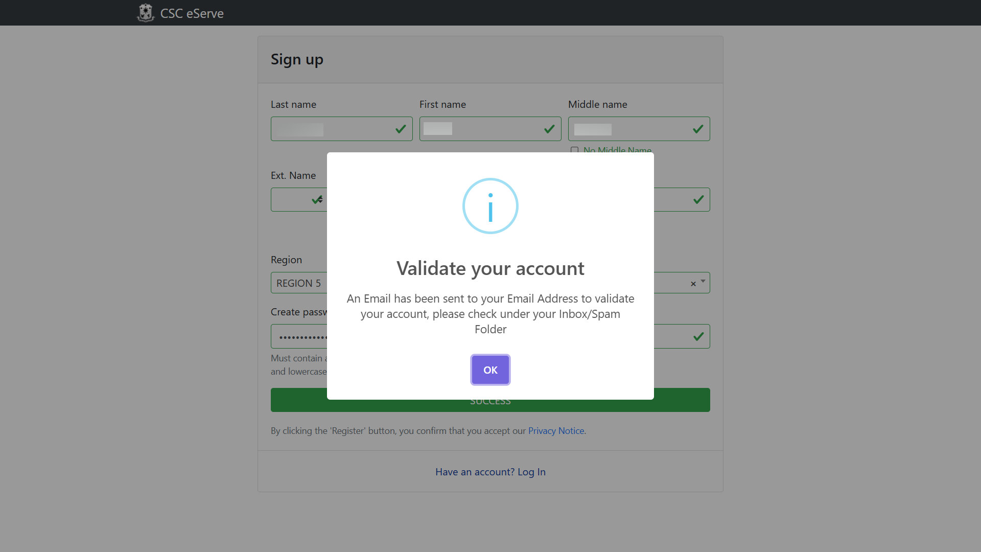 CSC eServe account validation