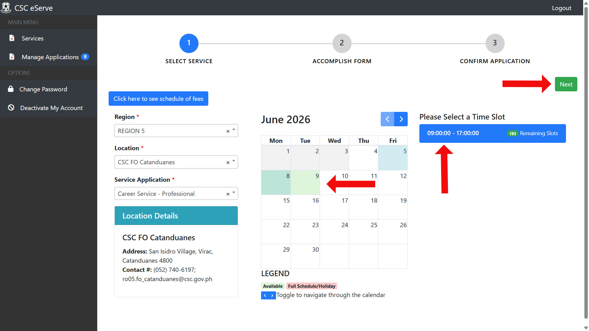 CSC eServe appointment schedule
