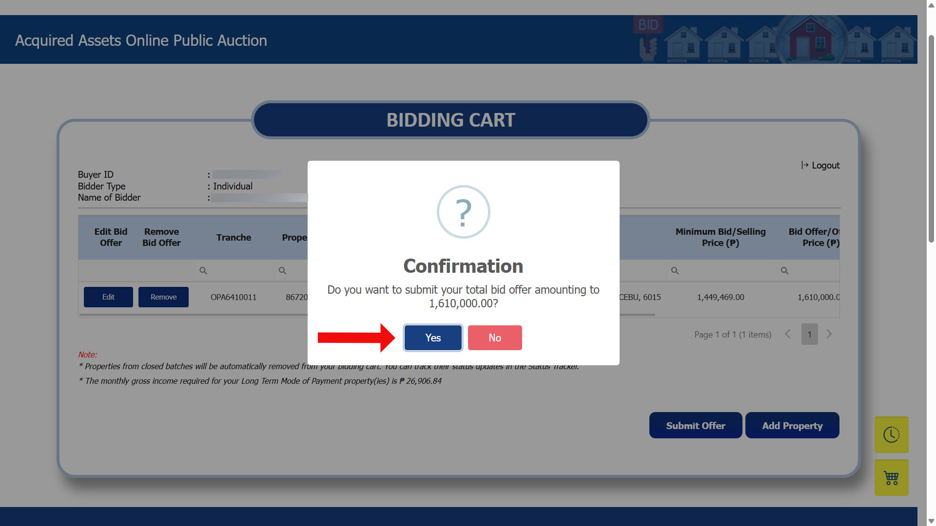 Submit offer confirmation