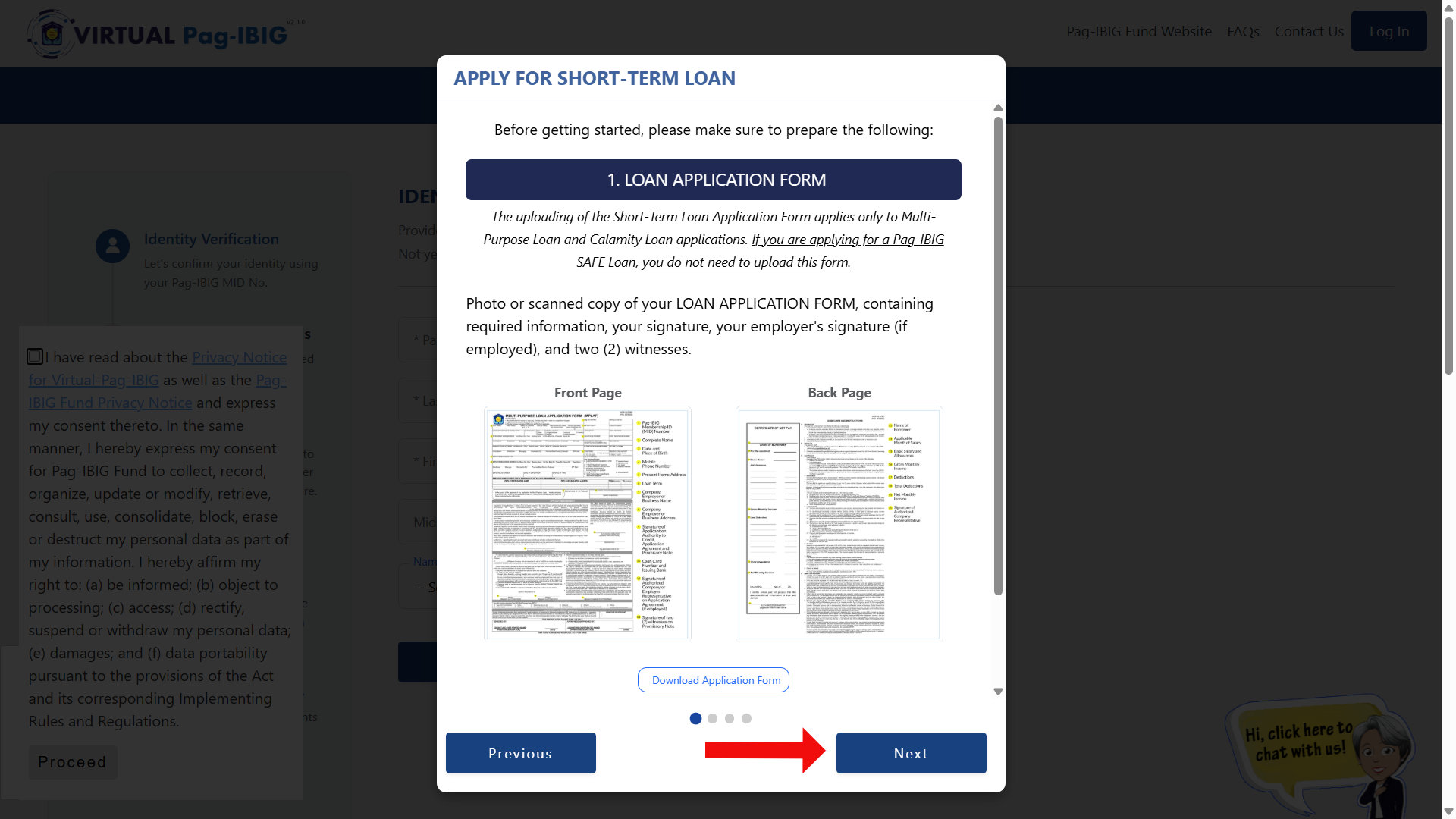 Virtual Pag-IBIG Short-Term Loan application page