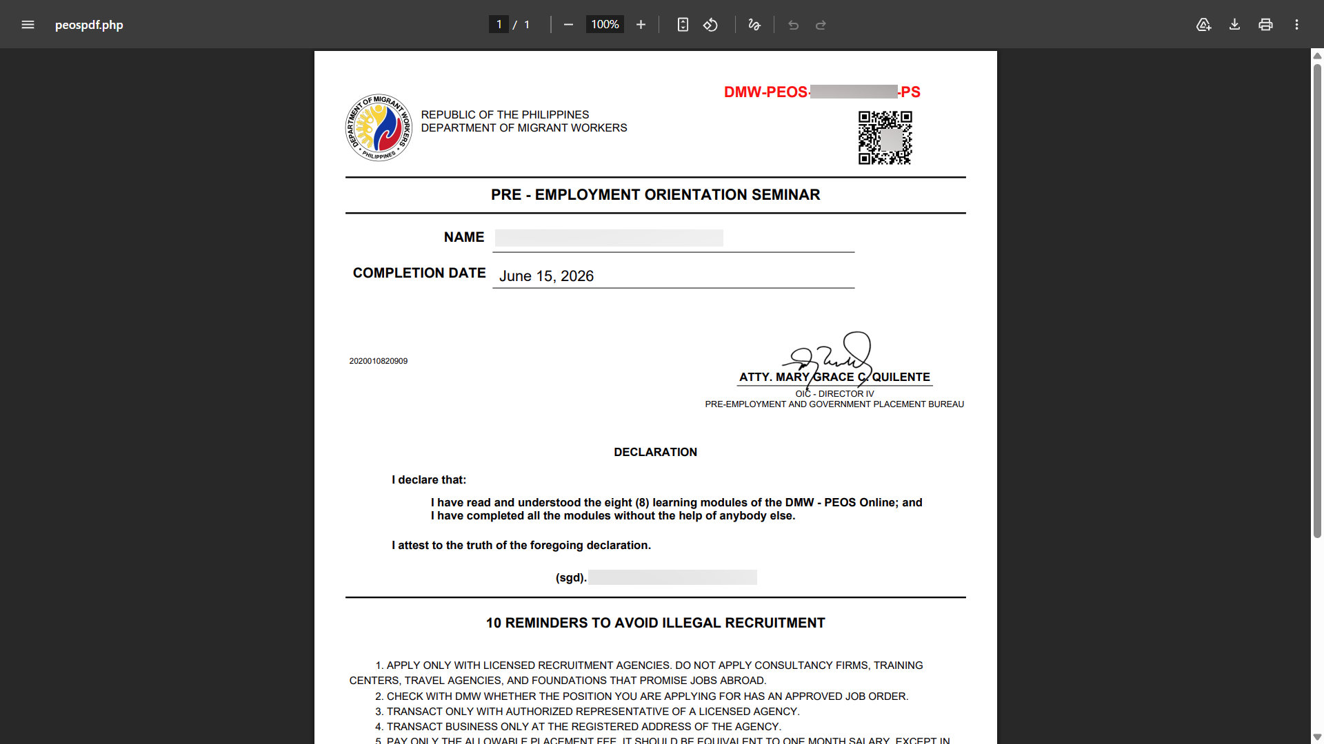 PEOS certificate
