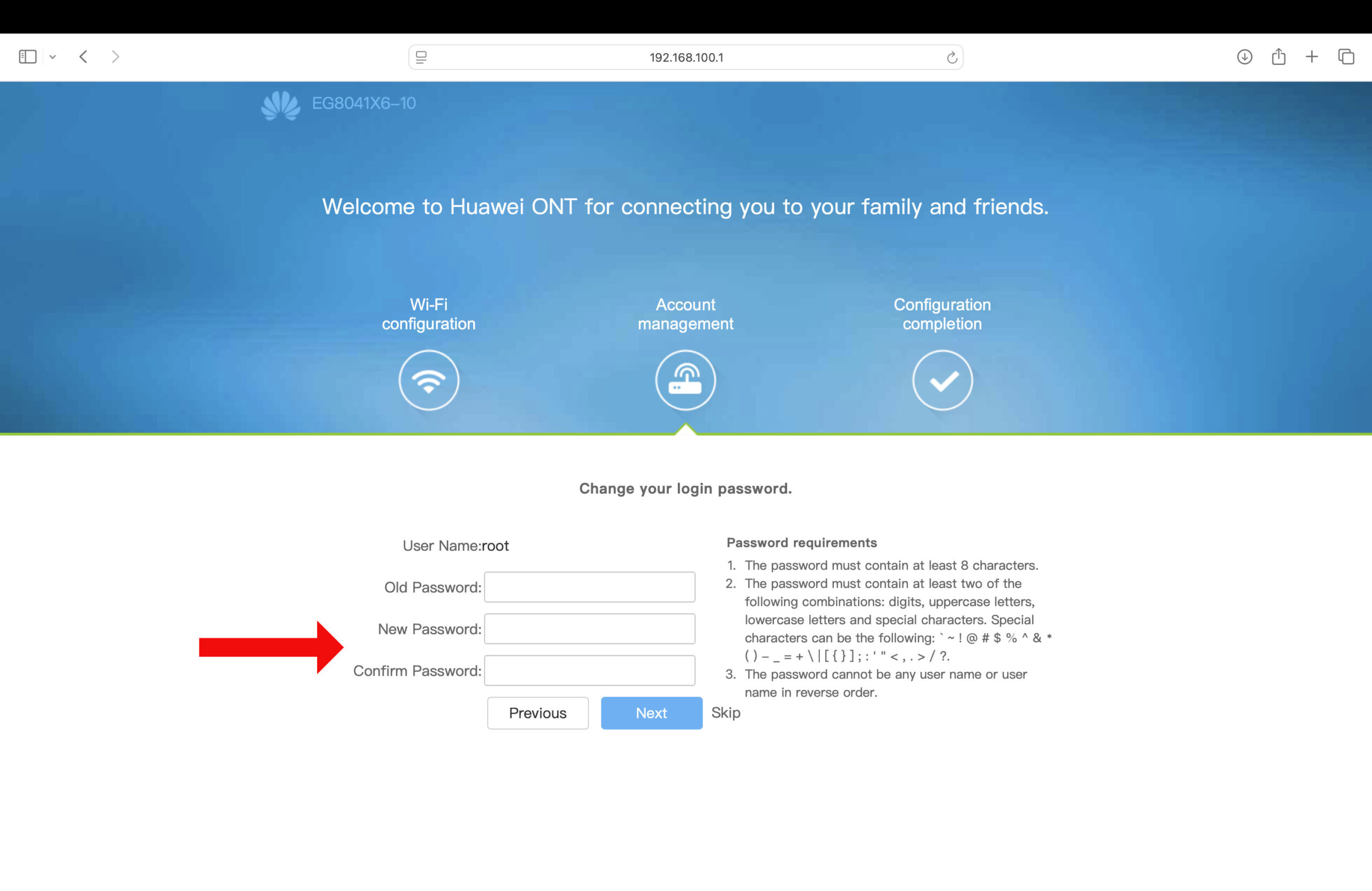 Change your login password screen