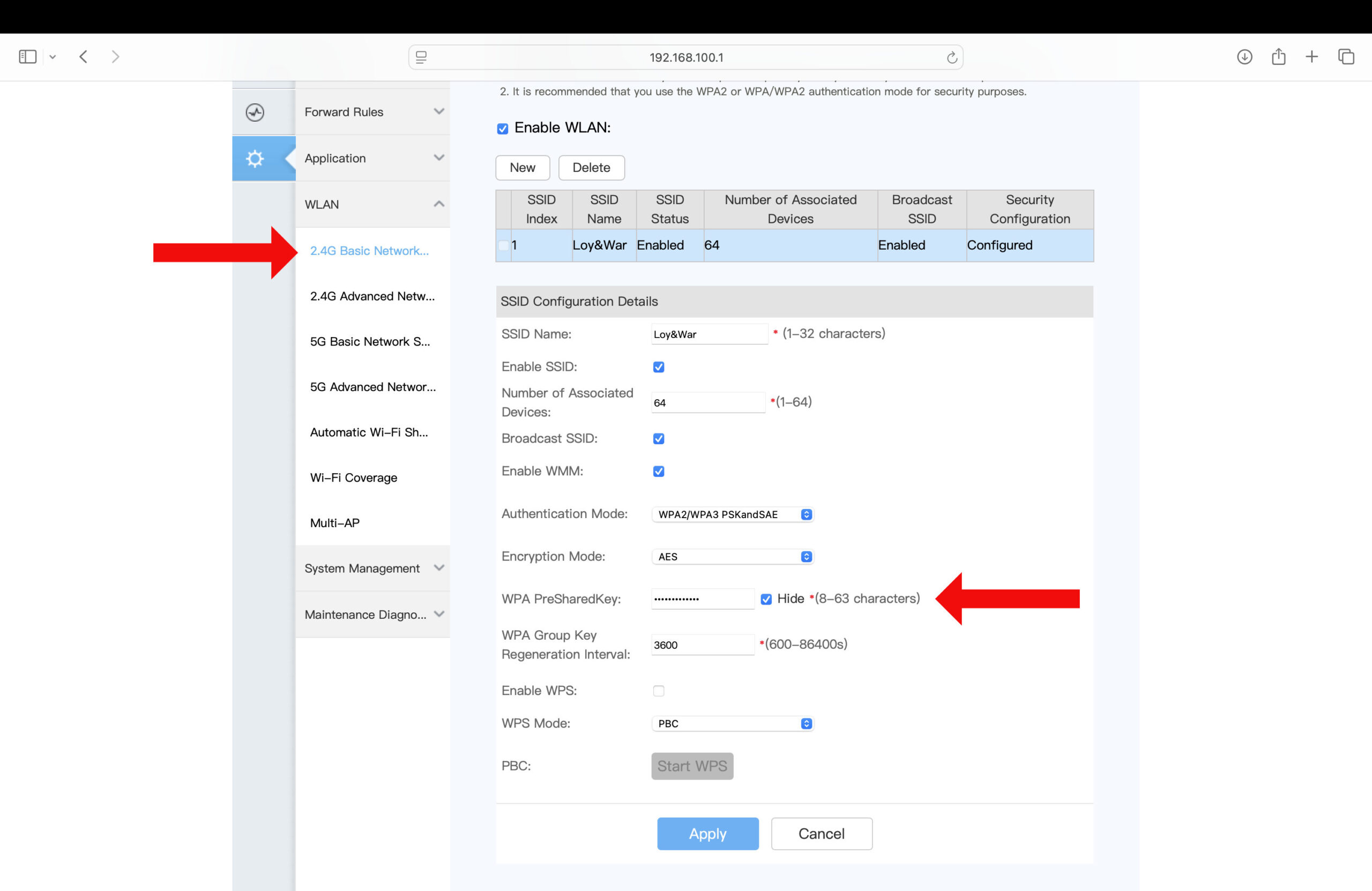 2.4G Basic Network Settings with the WPA PreSharedKey field