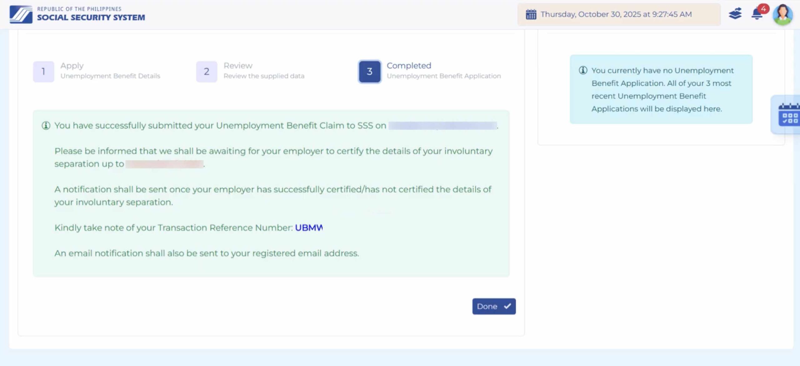 SSS unemployment benefit claim submitted